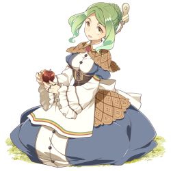 Rule 34 | 10s, 1girl, android, apple, apron, atelier (series), atelier escha &amp; logy, blue dress, braid, clone (atelier), corset, dress, female focus, food, french braid, fruit, green hair, l (matador), red apple, short hair, smile, solo, white background, winding key, yellow eyes