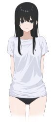 Rule 34 | 1girl, arms behind back, bario, black eyes, black hair, black panties, breasts, closed mouth, collarbone, cowboy shot, cropped legs, expressionless, highres, long hair, looking at viewer, no pants, original, panties, shirt, short sleeves, simple background, solo, standing, t-shirt, thighs, underwear, white background, white shirt