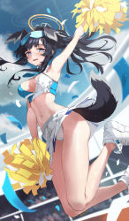 Rule 34 | 1girl, absurdres, animal ears, arm up, armpits, bare shoulders, black hair, blue archive, breasts, cheerleader, crop top, dog ears, dog girl, dog tail, goggles, goggles on head, halo, hibiki (blue archive), hibiki (cheer squad) (blue archive), highres, jumping, medium breasts, millennium cheerleader outfit (blue archive), multiple halos, navel, official alternate costume, panties, pantyshot, pom pom (cheerleading), shoes, skirt, sneakers, solo, tail, timo wei95, underwear, white panties, yellow halo