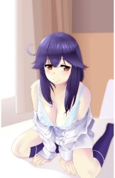 Rule 34 | 10s, 1girl, ahoge, bare shoulders, between legs, black hair, black socks, blue bra, blush, bra, breasts, brown eyes, floral print, hand between legs, kantai collection, kneehighs, large breasts, long hair, long sleeves, looking to the side, ohjin, open clothes, open shirt, shirt, sitting, smile, socks, solo, underwear, ushio (kancolle), wariza