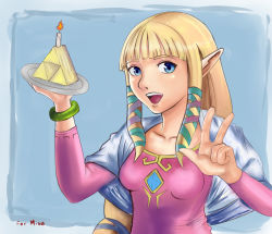 Rule 34 | 1girl, angel pena (angelox), blonde hair, blue eyes, bracelet, breasts, cake, capelet, clothes, food, hair ribbon, highres, jewelry, long hair, low-tied long hair, nintendo, pointy ears, princess zelda, ribbon, sidelocks, small breasts, solo, the legend of zelda, the legend of zelda: skyward sword, triforce, v