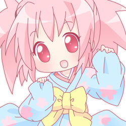 Rule 34 | 00s, 1girl, bow, chibi, edomae lunar, japanese clothes, kimono, long sleeves, looking at viewer, mirai (sugar), pink hair, red eyes, seto no hanayome, simple background, solo, upper body, white background, wide sleeves, yellow bow