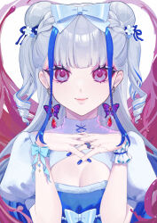 Rule 34 | 1girl, aizuki sui, aqua bow, blue dress, blue hair, blue nails, blue ribbon, bow, breasts, butterfly earrings, butterfly ring, cleavage, commentary, double bun, dress, drill hair, earrings, hair bun, hands up, highres, jewelry, lips, looking at viewer, multicolored hair, original, own hands together, puffy short sleeves, puffy sleeves, purple eyes, ribbon, ring, shirt, short sleeves, simple background, single wrist cuff, small breasts, smile, solo, twin drills, two-tone hair, upper body, waist bow, white background, white hair, white shirt, wrist bow, wrist cuffs