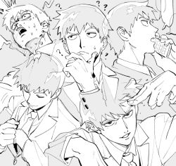 Rule 34 | 1boy, ?, ^^^, chinese commentary, commentary request, finger to head, formal, greyscale, hand on own chin, holding, holding phone, male focus, mob psycho 100, monochrome, multiple views, necktie, phone, qin (7833198), raised eyebrow, reigen arataka, short hair, smirk, speech bubble, stroking own chin, suit, surprised, sweat, talking on phone, turn pale
