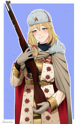 Rule 34 | 1girl, alternate costume, blonde hair, blue eyes, bolt action, brown cape, brown gloves, cape, commentary, commission, darkpulsegg, english commentary, fur hat, girls&#039; frontline, gloves, gun, hair over shoulder, hat, highres, holding, holding gun, holding weapon, long hair, long sleeves, mosin-nagant, mosin-nagant (girls&#039; frontline), mosin-nagant (mod3) (girls&#039; frontline), multicolored cape, multicolored clothes, red cape, red star, rifle, solo, star (symbol), ushanka, weapon