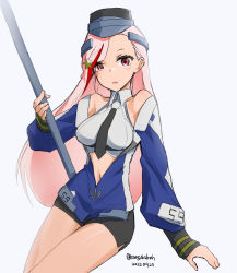 Rule 34 | 1girl, black necktie, black skirt, blonde hair, blue jacket, breasts, cowboy shot, dated, headgear, invisible chair, jacket, kangoku kou, kantai collection, large breasts, long hair, looking at viewer, massachusetts (kancolle), midriff, military, military uniform, multicolored clothes, multicolored hair, multicolored jacket, necktie, one-hour drawing challenge, pencil skirt, pole, red eyes, red hair, shirt, simple background, sitting, skirt, sleeveless, sleeveless shirt, solo, streaked hair, twitter username, uniform, white background, white shirt