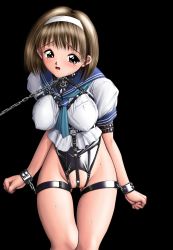 Rule 34 | 1girl, bdsm, blush, bondage, bound, breasts, brown eyes, brown hair, character request, collar, crotch rope, cuffs, hairband, harness, highres, iruma kamiri, large breasts, leash, open mouth, pet play, school uniform, simple background, slave, solo, sweat, tears, uncensored