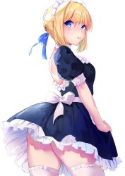 Rule 34 | 1girl, alternate costume, apron, artoria pendragon (all), artoria pendragon (fate), ass, back cutout, blue eyes, blue ribbon, blush, braid, breasts, character cutout, clothing cutout, commentary request, dress, fate/grand order, fate (series), frills, from behind, hair ribbon, highres, looking back, maid, maid apron, maid headdress, medium breasts, ribbon, saber (fate), shiromonefu, simple background, solo, thighhighs, white background, white thighhighs