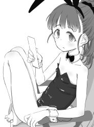 Rule 34 | 1girl, alternate costume, animal ears, bare legs, bare shoulders, barefoot, blush, bow, bowtie, collarbone, detached collar, fake animal ears, flat chest, fukuyama mai, greyscale, highres, idolmaster, idolmaster cinderella girls, knees up, leotard, looking at viewer, monochrome, nishino hikoji, on chair, playboy bunny, ponytail, rabbit ears, rabbit tail, simple background, sitting, solo, tail, toes, white background, wrist cuffs