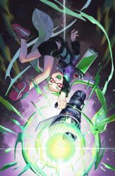 Rule 34 | 1girl, action, bike shorts, black shorts, blunt bangs, colored tongue, commentary, fangs, green hair, green tongue, highres, holding, holding weapon, ink tank (splatoon), inkling, inkling girl, inkling player character, jacket, jumping, logo, long hair, long sleeves, looking at viewer, multicolored clothes, multicolored jacket, nintendo, no socks, open mouth, paint splatter, purple eyes, purple footwear, purple jacket, range blaster (splatoon), shoes, shorts, single vertical stripe, sneakers, solo, splatoon (series), splatoon 2, tentacle hair, upside-down, weapon, yamagishi chihiro