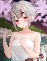 Rule 34 | 1girl, alcohol, alternate hairstyle, bare shoulders, blush, choko (cup), commentary request, cup, hair bun, highres, holding, holding cup, hololive, horns, looking at viewer, multicolored hair, naked towel, nakiri ayame, ohagetty, oni, onsen, red eyes, sake, skin-covered horns, solo, streaked hair, tokkuri, towel, virtual youtuber, white hair