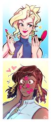 Rule 34 | 2girls, 2koma, after kiss, applying makeup, blonde hair, blue eyes, blush, breasts, brown eyes, brown hair, casual, cleavage, cleavage cutout, clothing cutout, comic, commentary, compact (cosmetics), cosmetics, dark-skinned female, dark skin, earrings, eyebrows, hair tubes, heart, highres, jewelry, lipstick, lipstick mark, lipstick tube, makeup, medium breasts, mercy (overwatch), multiple girls, nail polish, necklace, overwatch, overwatch 1, pharah (overwatch), shirt, short ponytail, sideways glance, sleeveless, sleeveless shirt, sleeveless turtleneck, sparklenaut, turtleneck, yuri