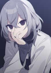 Rule 34 | black eyes, black shirt, grey background, grey hair, hair between eyes, hand up, hijiri (resetter), jacket, long sleeves, looking at viewer, open clothes, open jacket, original, parted lips, shirt, simple background, sleeves past wrists, smile, solo, upper body, white jacket