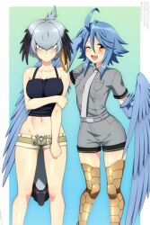 Rule 34 | 2girls, ahoge, bird legs, bird tail, bird wings, black hair, black tank top, blue feathers, blue hair, blue wings, breast pocket, breasts, brown shorts, closed mouth, collared shirt, commission, cosplay, costume switch, crossover, feathered wings, feathers, grey hair, grey necktie, grey shirt, grey shorts, hair between eyes, harpy, head wings, highres, kemono friends, lindaroze, long hair, looking at viewer, micro shorts, monster girl, monster musume no iru nichijou, multiple girls, navel, necktie, one eye closed, open mouth, panties, papi (monster musume), papi (monster musume) (cosplay), pocket, shirt, shoebill (kemono friends), shoebill (kemono friends) (cosplay), short hair, short shorts, short sleeves, shorts, sidelocks, small breasts, striped clothes, striped panties, tail, talons, tank top, trait connection, underwear, winged arms, wings, yellow eyes