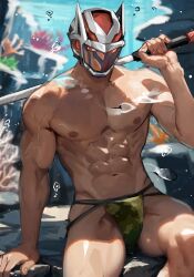 Rule 34 | 1boy, abs, air bubble, algernon (housamo), bara, blurry, blurry background, bubble, bulge, camouflage swimsuit, colored sclera, commentary request, coral, feet out of frame, helmet, holding, large pectorals, looking ahead, male focus, male swimwear, muscular, muscular male, navel, nipples, official alternate costume, pectorals, print male swimwear, red eyes, sitting, solo, stomach, tass commuovere, thick thighs, thighs, tokyo houkago summoners, topless male, underwater, v-taper, yellow sclera