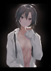 Rule 34 | 1girl, antenna hair, bad id, bad pixiv id, black hair, blush, breasts, breasts apart, collarbone, collared shirt, commentary request, dark background, dress shirt, hair between eyes, hand up, head tilt, highres, idolmaster, idolmaster (classic), kikuchi makoto, letterboxed, long sleeves, looking at viewer, miko (s1748s), naked shirt, navel, no bra, purple eyes, scar, shirt, short hair, sleeves past wrists, small breasts, solo, upper body, wing collar