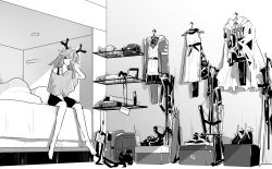Rule 34 | 1girl, animal ears, antlers, arknights, arrow (projectile), bed, bow (weapon), box, clothes hanger, crossbow, deer ears, deer girl, dress, firewatch (arknights), full body, greyscale, horns, indoors, iwashi 80, jacket, looking at viewer, monochrome, off shoulder, quiver, reindeer antlers, rubbing eyes, shelf, shirt, shoes, shorts, sitting, solo, waking up, weapon