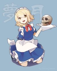 Rule 34 | 1girl, apron, blonde hair, blue background, blue dress, bow, bowtie, commentary request, dress, frills, full body, kneeling, looking at viewer, maid, maid headdress, mugetsu (touhou), open mouth, pointy ears, puffy sleeves, razuzyamu, short hair, short sleeves, simple background, skull, smile, solo, touhou, touhou (pc-98), tray, waist apron, white apron