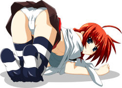 Rule 34 | 00s, 1girl, all fours, ass, black thighhighs, breasts, feet, fumihiro, looking back, lyrical nanoha, mahou shoujo lyrical nanoha, mahou shoujo lyrical nanoha a&#039;s, miniskirt, nipples, no bra, no shoes, panties, pantyshot, red hair, shirt, skirt, small breasts, solo, striped clothes, striped thighhighs, t-shirt, thighhighs, top-down bottom-up, underboob, underwear, upshirt, vita (nanoha), white panties