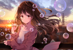 Rule 34 | 1girl, blurry, blurry background, blush, brown eyes, brown hair, brown jacket, bubble, closed mouth, cloud, cloudy sky, commentary request, depth of field, dress, evening, floating hair, jacket, kisaragi yuri, long hair, long sleeves, open clothes, open jacket, original, outdoors, power lines, sky, sleeves past wrists, smile, solo, sunset, transmission tower, white dress