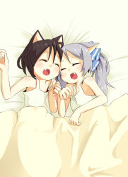 Rule 34 | 2girls, animal ears, bed, black hair, blanket, fang, fuji-k, long hair, md5 mismatch, multiple girls, muted color, open mouth, resolution mismatch, short hair, sleeping, source larger