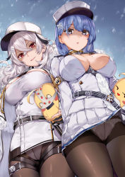 Rule 34 | 2girls, arm strap, azur lane, belt, bird, black gloves, blue background, blue eyes, blue hair, blush, breasts, brown legwear, buttons, chapayev (azur lane), chick, cleavage, cleavage cutout, clothing cutout, coat, coat dress, commentary request, crossed bangs, crotch seam, food print, fur trim, gangut (azur lane), gloves, gradient background, hair between eyes, hair ornament, hairclip, hat, highres, jacket, long hair, long sleeves, looking at viewer, manjuu (azur lane), military hat, mole, mole on breast, mole under eye, multiple girls, naha78, object on head, open mouth, panties, panties on head, panties under pantyhose, pantyhose, peaked cap, red eyes, shaded face, short hair, silver hair, skirt, smile, strawberry print, swept bangs, thigh strap, thighband pantyhose, thighs, underwear, upskirt, white coat, white headwear, white jacket, white panties, white skirt