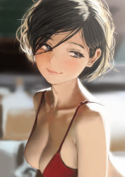 Rule 34 | 1girl, absurdres, black hair, blurry, blurry background, blush, bra, breasts, cleavage, collarbone, highres, hwoi (hw 123), lips, looking afar, medium breasts, original, parted lips, photo-referenced, red bra, short hair, smile, solo, swept bangs, underwear, underwear only, upper body