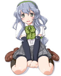Rule 34 | 10s, 1girl, :d, arm warmers, bike shorts, blush, bow, dd (ijigendd), dress shirt, green bow, grey eyes, grey hair, hairband, kantai collection, loafers, long hair, looking at viewer, open mouth, plaid, plaid bow, school uniform, shirt, shoes, short sleeves, simple background, sitting, smile, solo, wariza, white shirt, yamagumo (kancolle)