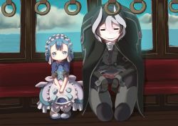 Rule 34 | 1boy, 1girl, apron, black hair, blue capelet, blue eyes, blue hair, cape, capelet, child, corset, dress, gloves, hunched over, made in abyss, maid headdress, maruruk, multicolored hair, ozen, parody, sen to chihiro no kamikakushi, sitting, smile, train interior, trap, two-tone hair, whistle, white hair, ximu shilang