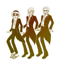 Rule 34 | 3boys, dancing, dressrosa, fake facial hair, fake mustache, formal, full body, glasses, hat, male focus, monkey d. luffy, monochrome, multiple boys, one piece, roronoa zoro, sanji (one piece), simple background, straw hat, suit, sunglasses, white background