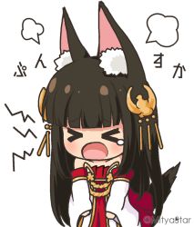 Rule 34 | &gt; &lt;, 1girl, :o, animal ear fluff, animal ears, azur lane, black hair, blunt bangs, blush, closed eyes, commentary request, detached sleeves, dress, fox ears, hair ornament, long sleeves, mitya, nagato (azur lane), open mouth, pleated dress, red dress, simple background, solo, strapless, strapless dress, tears, twitter username, white background, white sleeves, wide sleeves