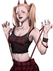 Rule 34 | 1girl, alternate hairstyle, black nails, black tank top, blonde hair, bracelet, chainsaw man, crop top, cross-shaped pupils, fangs, highres, horns, igedd, jewelry, long hair, looking at viewer, midriff, open mouth, orange eyes, power (chainsaw man), red horns, simple background, smile, solo, symbol-shaped pupils, tank top, twintails, white background