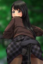 Rule 34 | 1girl, absurdres, accidental exposure, ass, bicycle, black hair, blurry, blurry background, blush, brown eyes, brown jacket, brown pantyhose, clothes lift, covered mouth, day, depth of field, grey panties, grey skirt, highres, jacket, long hair, looking at viewer, looking back, matsunaga kouyou, original, outdoors, panties, pantyhose, plaid, plaid skirt, skirt, skirt caught on object, skirt lift, solo, underwear, very long hair