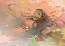 Rule 34 | 1girl, black hair, cherry blossoms, commentary request, falling petals, from above, highres, japanese clothes, kamado nezuko, kimetsu no yaiba, kimono, long hair, looking at viewer, lying, mixed-language commentary, obi, on back, partially submerged, petals, pink kimono, purple eyes, sash, solo, water, wenjun lin, yukata