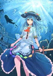 Rule 34 | 1girl, alternate neckwear, apron, ascot, black hat, blue background, blue hair, blue skirt, blue theme, center frills, clip studio paint (medium), closed mouth, feet out of frame, fish, frilled skirt, frills, hair between eyes, hat, highres, hinanawi tenshi, holding, holding sword, holding weapon, leaf hat ornament, light smile, long hair, looking at viewer, ooru (t20nozomu), outdoors, peach hat ornament, rainbow order, red ascot, red eyes, shirt, short sleeves, skirt, solo, sword, sword of hisou, touhou, underwater, waist apron, weapon, white apron, white shirt