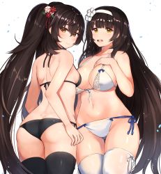 Rule 34 | 2girls, absurdres, ass, bad id, bad pixiv id, bikini, black bikini, black hair, black legwear, blunt bangs, blush, breasts, brown eyes, c:, closed mouth, curvy, dimples of venus, girls&#039; frontline, hair ornament, hairband, hand on own chest, highres, hip focus, large breasts, long hair, looking at viewer, looking back, multiple girls, navel, official alternate costume, open mouth, ponytail, rangen, sidelocks, simple background, small breasts, smile, swimsuit, teeth, thick thighs, thighhighs, thighs, type 95 (girls&#039; frontline), type 95 (summer cicada) (girls&#039; frontline), type 97 (girls&#039; frontline), very long hair, white background, white bikini, white legwear