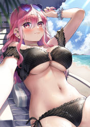 1girl arm_up beach bikini black_bikini blush breasts closed_mouth day ear_piercing eyewear_on_head fang fingernails frilled_bikini frills geshumaro glint gyaru_gamer_ni_home_raretai hair_between_eyes heart heart-shaped_eyewear highres jewelry large_breasts long_fingernails long_hair looking_at_viewer lying nail_polish navel o-ring o-ring_bikini off-shoulder_bikini off_shoulder on_back outdoors piercing pillow pink_eyes pink_hair pink_nails polka_dot polka_dot_bikini ring scrunchie sidelocks signature solo sunglasses swimsuit underboob wet wrist_scrunchie