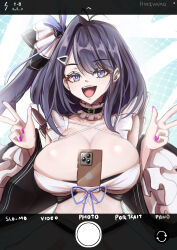 Rule 34 | 1girl, absurdres, artist name, azur lane, blue eyes, breasts, cleavage, detached collar, detached sleeves, double w, fake phone screenshot, fake screenshot, frilled sleeves, frills, highres, large breasts, liverpool (azur lane), long hair, looking at viewer, maid, one side up, open mouth, pink nails, purple hair, selfie, smile, solo, swept bangs, upper body, w, wunahori