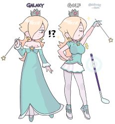 Rule 34 | !?, 1girl, alternate costume, bare shoulders, blonde hair, blue dress, breast expansion, breasts, closed eyes, crown, dot nose, dress, dual persona, earrings, english text, eyelashes, flat chest, floating, golf club, hair over one eye, half-closed eyes, hand on own hip, highres, holding, jewelry, large breasts, long hair, looking at another, looking at breasts, mario (series), mario golf, mario golf: super rush, miniskirt, nintendo, open mouth, pale skin, rosalina, shirt, simple background, skirt, star (symbol), star earrings, subway sum, super mario galaxy, taut clothes, taut shirt, tennis, wand, white background, white skirt