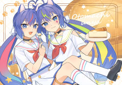 Rule 34 | 2girls, ahoge, alternate costume, animal ears, aqua hair, aqua trim, bell, black choker, blonde hair, blue eyes, blue hair, blue trim, blush, bow, braid, buttons, cake, cake slice, carrying, carrying person, cat ears, cat girl, character name, choker, clothing cutout, crossed bangs, dual persona, english text, fang, food, foot out of frame, fork, gradient hair, green hair, green trim, hair between eyes, hair bow, hand on another&#039;s neck, highres, holding, holding fork, holding plate, kneehighs, knees together feet apart, long hair, looking at viewer, low-braided long hair, low-tied long hair, low twin braids, low twintails, multicolored hair, multiple girls, neck bell, open mouth, otomachi una, otomachi una (spicy), otomachi una (sugar), pink hair, plate, red trim, sailor collar, shirt, short sleeves, shoulder cutout, skin fang, skirt, smile, socks, star (symbol), star in eye, streaked hair, suiso sn3, symbol in eye, thighlet, twin braids, twintails, very long hair, vocaloid, white bow, white sailor collar, white shirt, white skirt, white socks, yellow trim