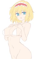 Rule 34 | 1girl, :o, alice margatroid, bare arms, bare shoulders, bikini, bikini top only, blonde hair, blue eyes, bottomless, breasts, collarbone, colored eyelashes, commentary request, cowboy shot, flat color, frilled hairband, frills, groin, hair between eyes, hairband, halterneck, hands on own chest, hands up, large breasts, lolita hairband, looking at viewer, maturiuta sorato, navel, open mouth, red hairband, short hair, simple background, sketch, solo, stomach, swimsuit, touhou, unfinished, white background, white bikini