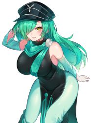 Rule 34 | 1girl, absurdres, arm behind head, arm up, artist name, bare shoulders, black hat, blush, borrowed character, breasts, brown eyes, commission, dress, green hair, hair over one eye, hat, highres, large breasts, long hair, looking at viewer, original, parted lips, scarf, signature, simple background, skeb commission, sleeveless, smile, solo, speech bubble, suruga (xsurugax), white background, yellow eyes