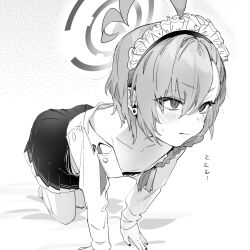 Rule 34 | 1girl, ahoge, all fours, blue archive, blush, braid, closed mouth, collarbone, commentary request, downblouse, dress shirt, earrings, flat chest, foreshortening, greyscale, halo, highres, huge ahoge, jewelry, long sleeves, looking away, maid headdress, medium hair, mole, mole under eye, monochrome, neru (blue archive), partially unbuttoned, pleated skirt, shirt, single braid, skirt, solo, sweatdrop, tsurime, v-shaped eyebrows, yanyo (ogino atsuki)