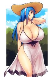 Rule 34 | 1girl, absurdres, alternate costume, alternate hair length, alternate hairstyle, blue hair, blue sky, border, breasts, cleavage, curvy, day, dress, earrings, erkaz, facing viewer, feet out of frame, hat, highres, huge breasts, jewelry, long hair, looking to the side, no bra, original, out of frame, outdoors, outside border, panties, panty peek, red earrings, red eyes, rina atherina, side slit, sky, sleeveless, sleeveless dress, solo, standing, sun hat, sundress, thick thighs, thighs, tree, underwear, white border, white hat, white panties