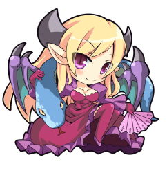 Rule 34 | 1girl, blonde hair, breasts, chibi, dragon wings, dress, hand fan, frilled dress, frilled skirt, frills, grafity7, high heels, horns, lilith (p&amp;d), long hair, medium breasts, pointy ears, purple eyes, puzzle &amp; dragons, sitting, skirt, smile, snake, solo, take tonbo, thighhighs, wings