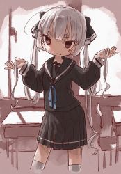 Rule 34 | 1girl, black skirt, blush stickers, brown eyes, classroom, closed mouth, fang, grey hair, highres, indoors, leoleonardk10, long hair, long sleeves, looking at viewer, original, pleated skirt, school uniform, skin fang, skirt, solo, thighhighs, twintails, white thighhighs
