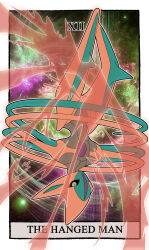 1other absurdres black_sclera border brown_eyes card_(medium) carrotzmoonman colored_sclera commentary creatures_(company) deoxys english_commentary english_text game_freak gen_3_pokemon highres looking_ahead mythical_pokemon nintendo pokemon pokemon_(creature) roman_numeral solo tarot tarot_(medium) the_hanged_man_(tarot) upside-down white_border