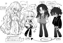 Rule 34 | 1girl, 1other, 2boys, absurdly long hair, animal ears, artist request, book, cross, degrees of lewdity, hand in pocket, hood, hoodie, ivory wraith, knife, kylar (degrees of lewdity), long hair, monochrome, multiple boys, pants, player character (degrees of lewdity), sydney (degrees of lewdity), very long hair