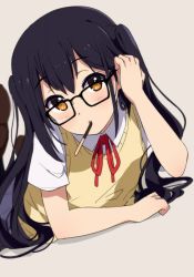 Rule 34 | 1girl, arm support, bespectacled, black hair, glasses, tucking hair, k-on!, lying, nakano azusa, ogipote, on stomach, pocky, solo, twintails, yellow eyes