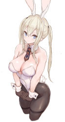 Rule 34 | 1girl, absurdres, alternate costume, animal ears, black gloves, black pantyhose, blonde hair, blue eyes, blush, breasts, cleavage, closed mouth, cross, detached collar, fake animal ears, gloves, graf zeppelin (kancolle), hair between eyes, highres, iron cross, kantai collection, large breasts, leotard, long hair, looking at viewer, pantyhose, playboy bunny, rabbit tail, ryo (tg290), sidelocks, simple background, solo, tail, thighband pantyhose, twintails, white background, white leotard, wrist cuffs